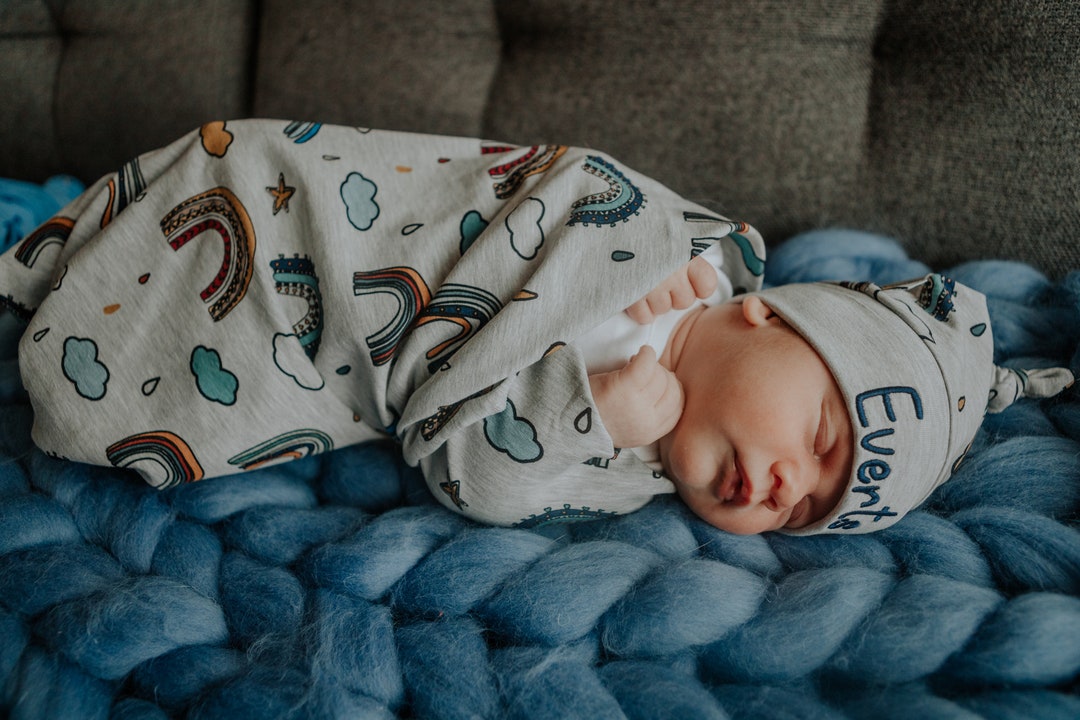 Rainbow Baby Boy Swaddle Set With Personalized Hat Etsy