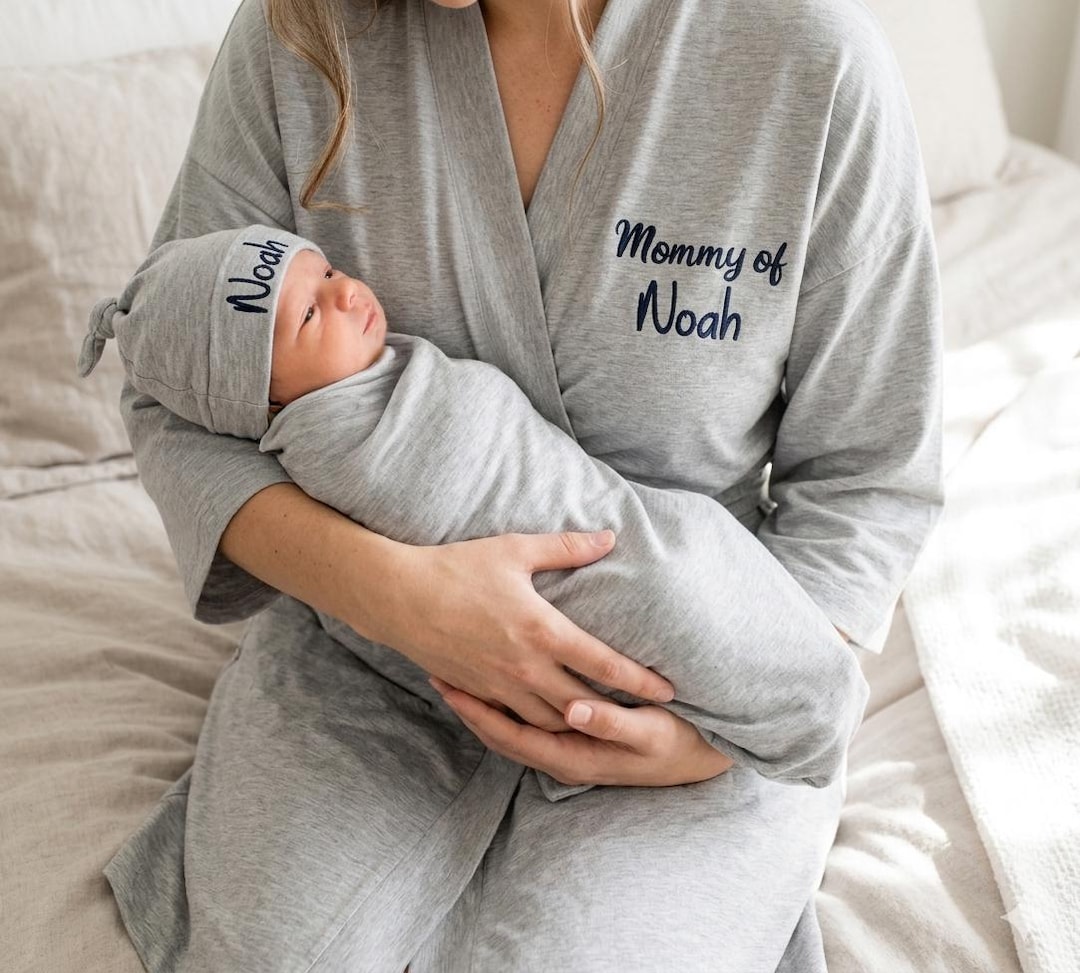 Grey Maternity Robe and Baby Swaddle or Gown and Hat Custom Embroidered ...