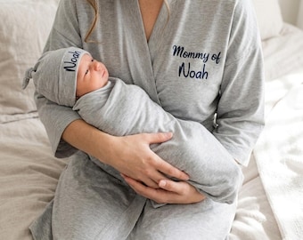 Maternity robe and baby swaddle or gown and hat custom embroidered