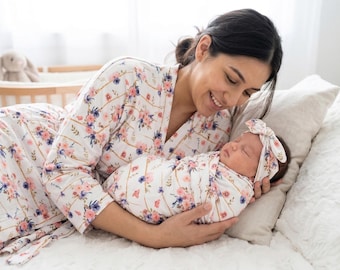 Maternity robe and baby swaddle and headband