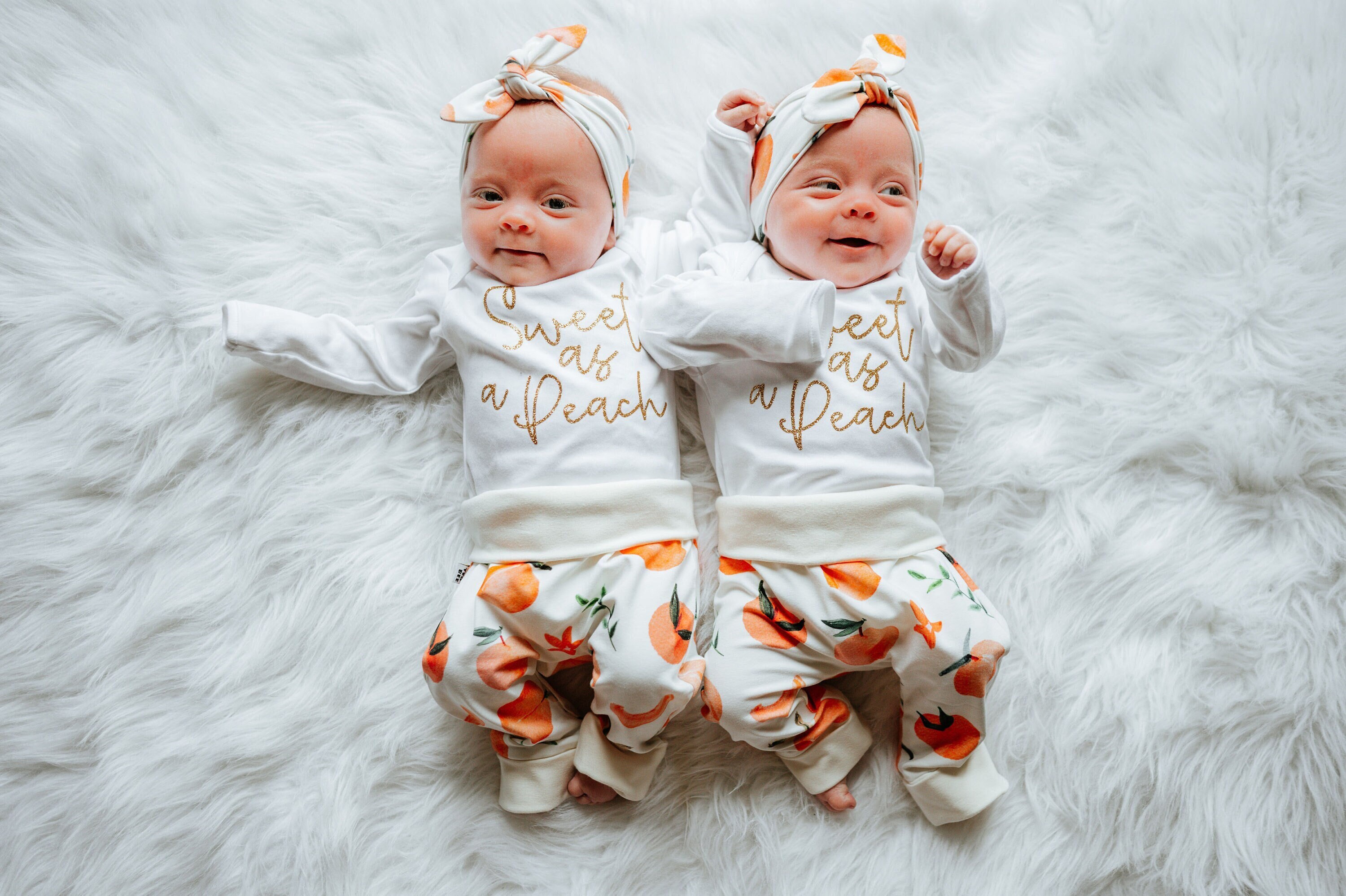 Peach baby girl outfit with bodysuit, pants and top knot hat or headband