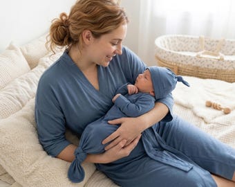 Steel blue labor and delivery gown maternity robe and baby gown and hat