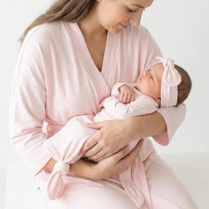 Cotton Maternity robe and baby gown and headband light pink powder pink