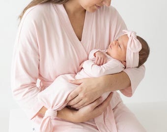 Cotton Maternity robe and baby gown and headband light pink powder pink