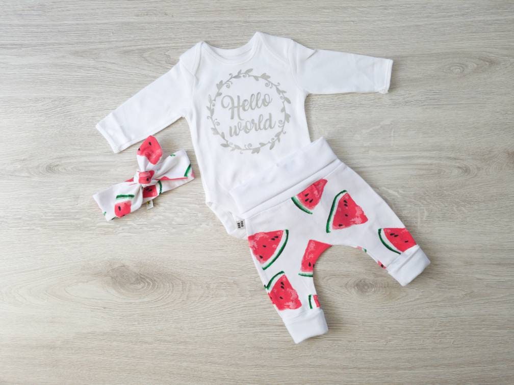 Hello World Newborn Girl Outfit Summer, Home Coming Outfit, Watermelon ...