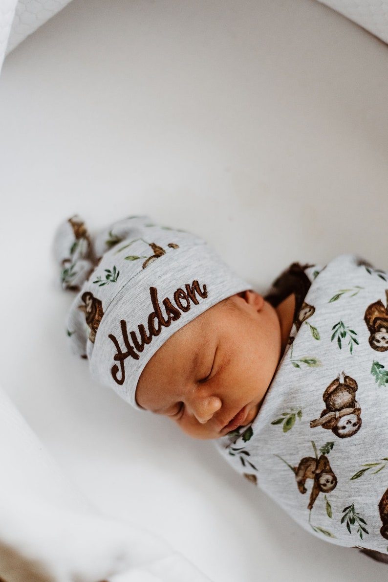 Sloth Design Baby Boy Swaddle and Hat Set With Name Embroidery Etsy
