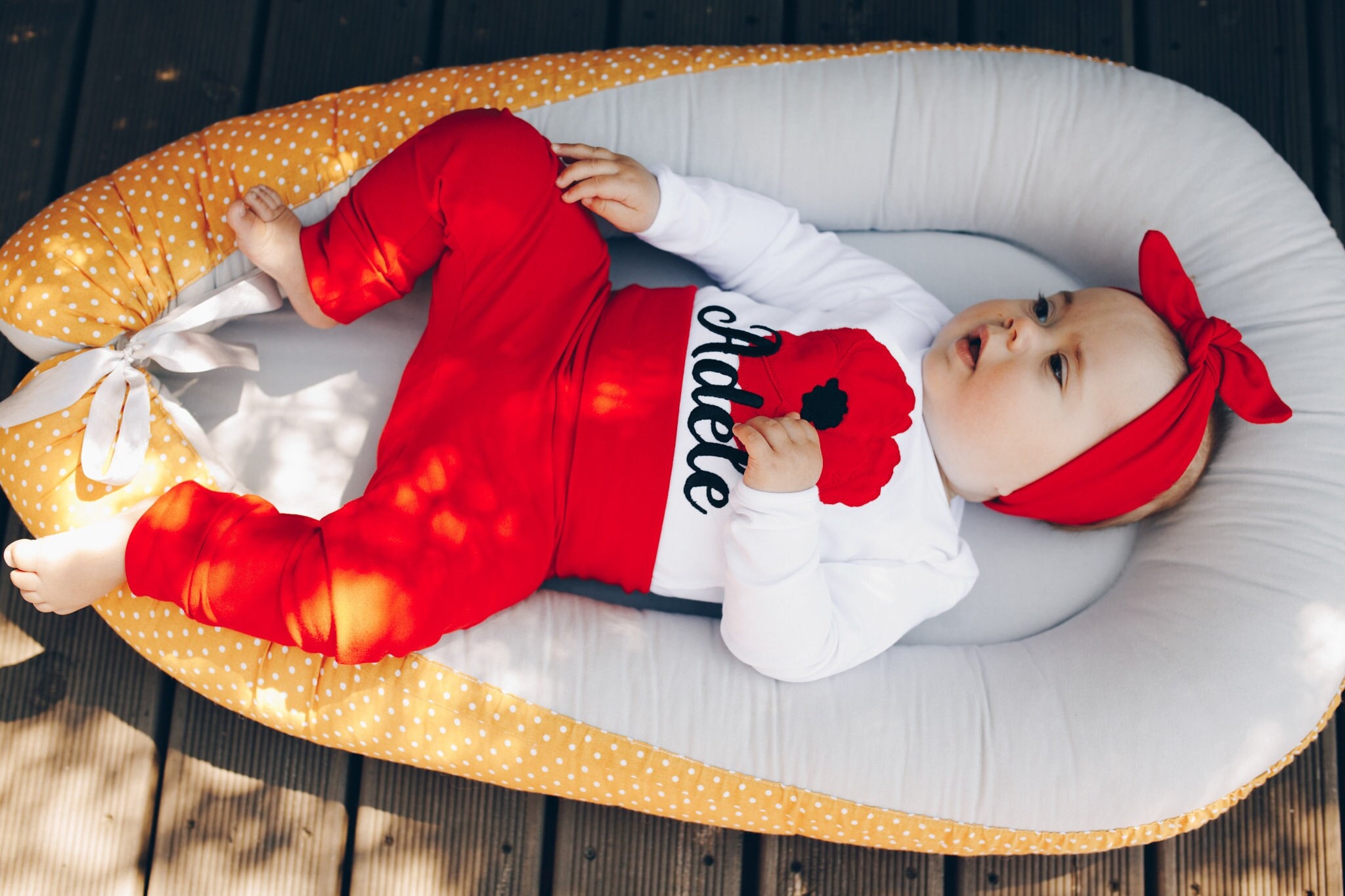 Red poppy baby girl outfit with embroidered name bodysuit, pants and top knot hat or headband
