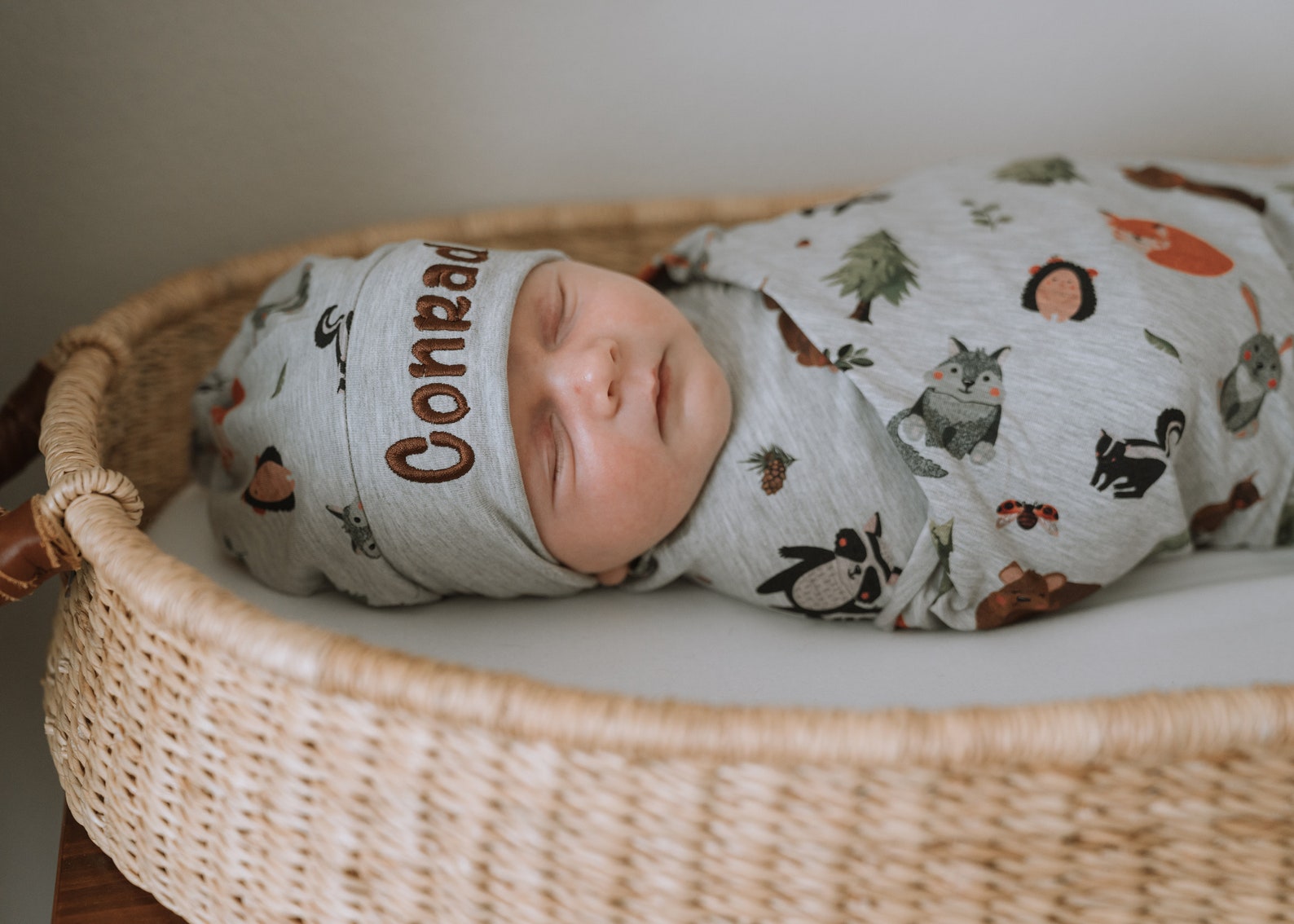 Woodland Baby Boy Swaddle and Hat Set With Name Embroidery Etsy
