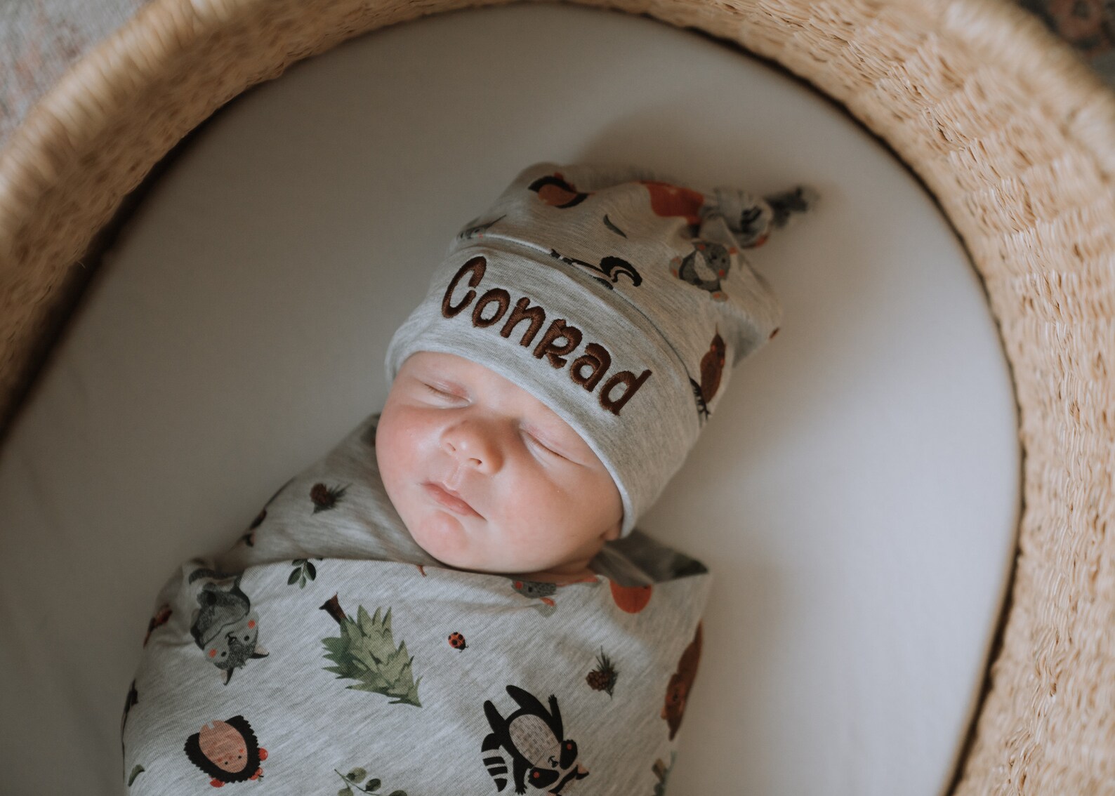 Woodland Baby Boy Swaddle and Hat Set With Name Embroidery Etsy