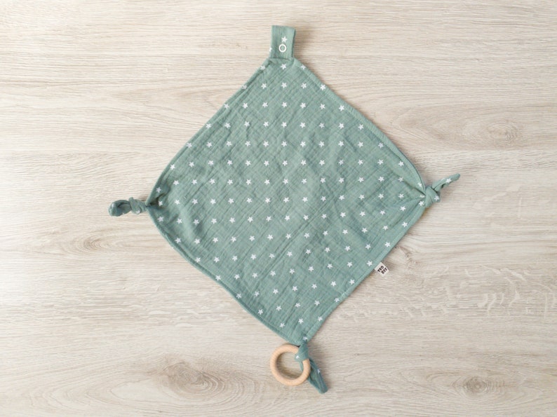 Green Muslin Baby Security Blanket With Teething Ring Etsy