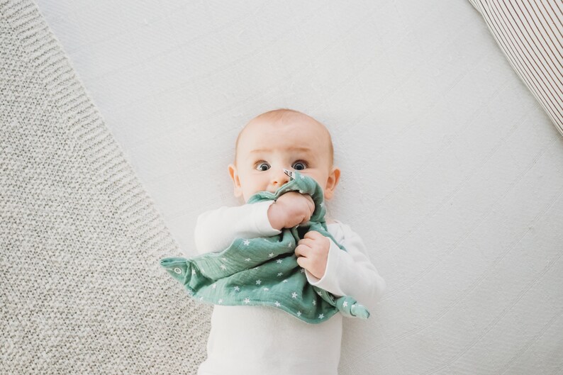 Green Muslin Baby Security Blanket With Teething Ring Etsy