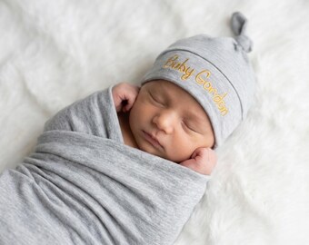 Name embroidered baby swaddle and hat set heather gray  melange