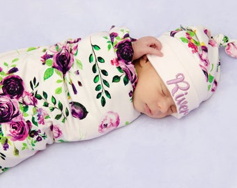 Purple roses floral print swaddle set with name personalized hat