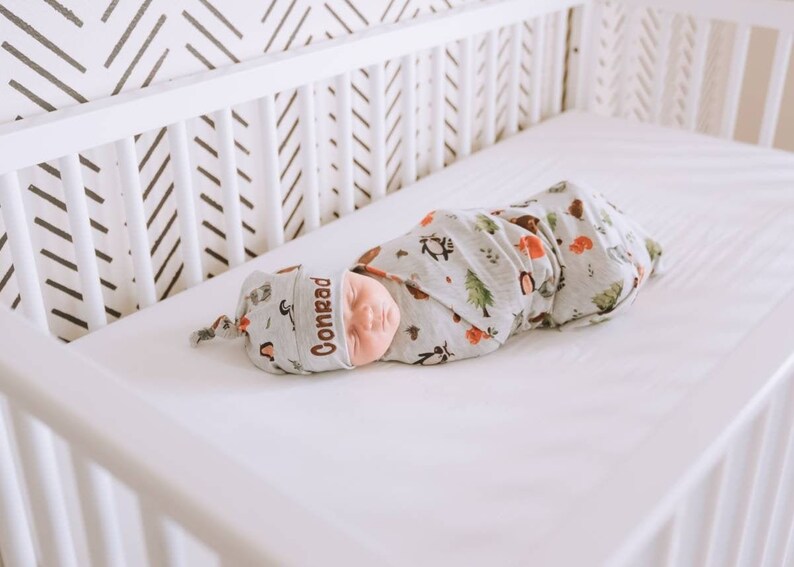 Woodland Baby Boy Swaddle and Hat Set With Name Embroidery Etsy