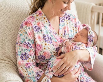 Floral mommy and me maternity robe and baby gown and headband or hat