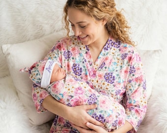 Custom floral mommy and me maternity robe and baby swaddle and headband or hat