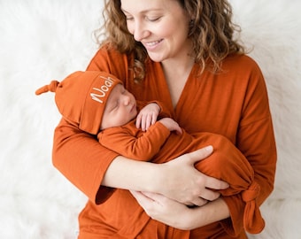 Embroidered burnt orange labor and delivery gown maternity robe and baby gown and hat