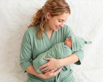 Embroidered custom green labor and delivery gown maternity robe and baby swaddle or gown and hat