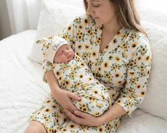 Sunflower maternity robe and baby swaddle and headband set