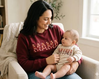 Floral Mommy and me embroidered crewneck sweatshirt mama mini crew neck sweater flower