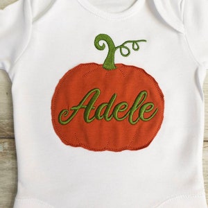 Pumpkin custom name embroidered baby girl or boy bodysuit in burnt orange color image 4