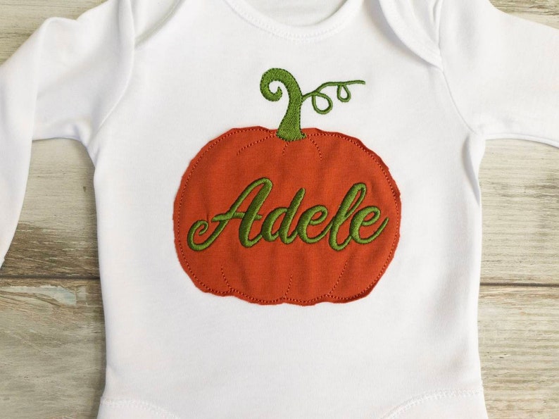 Pumpkin custom name embroidered baby girl or boy bodysuit in burnt orange color image 4