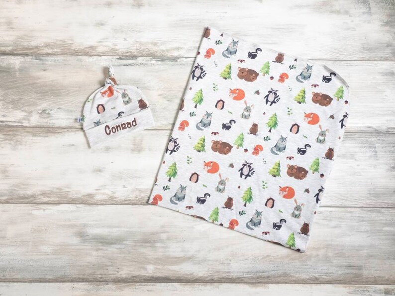 Woodland Baby Boy Swaddle and Hat Set With Name Embroidery Etsy