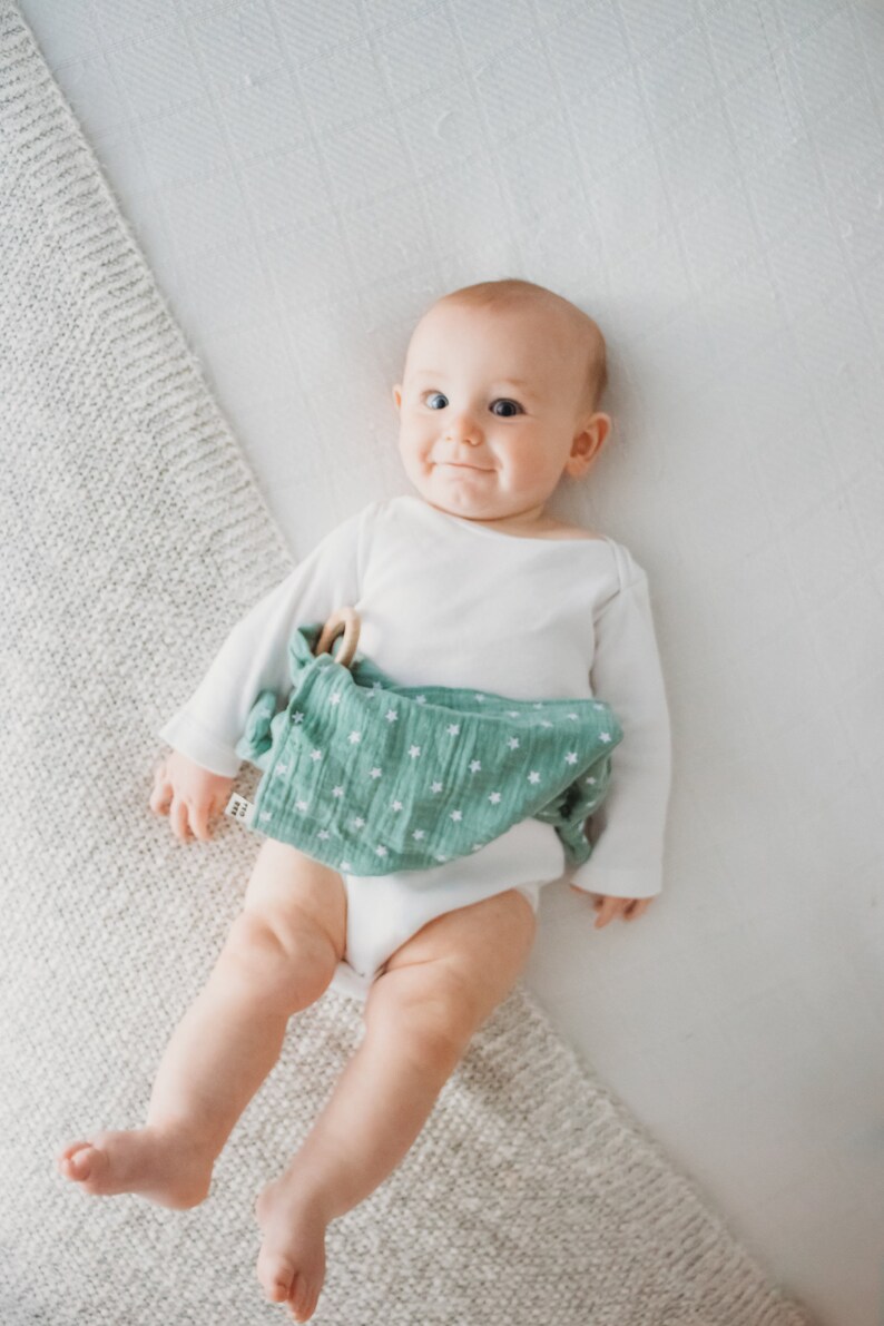 Green Muslin Baby Security Blanket With Teething Ring Etsy