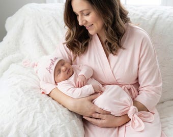 Embroidered pink labor and delivery gown maternity robe and baby girl pajamas and hat