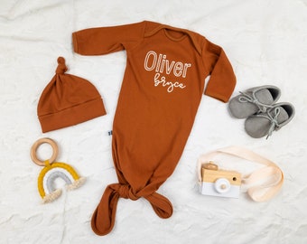Name embroidered brown knotted baby gown with top knot hat