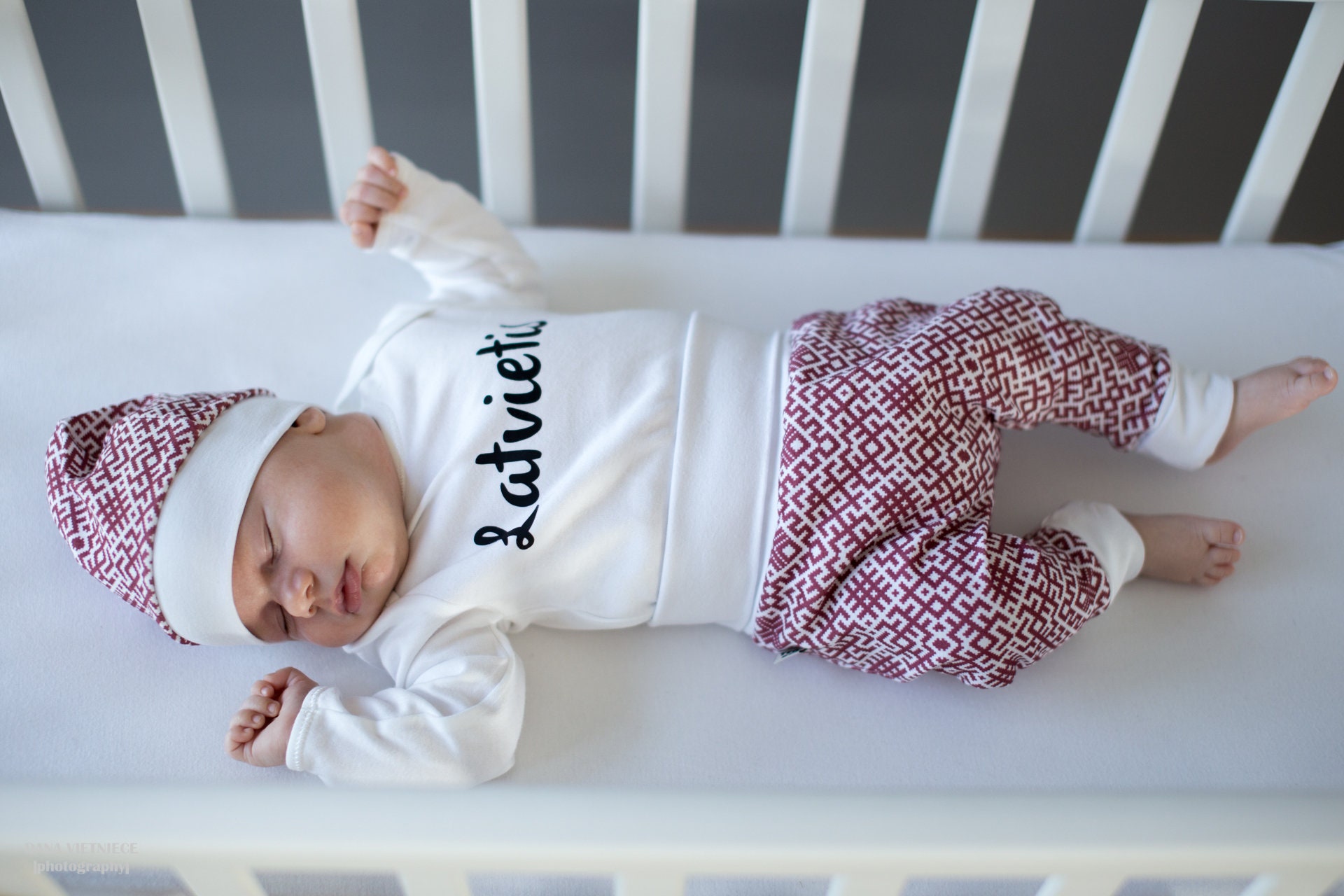 Latvian national costume inspired baby boy outfit with hat, harem type pants and bodysuit, folkloric print fabric, Latvia