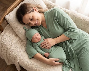 Cotton sage green labor and delivery gown maternity robe and baby gown and hat mom and son boy