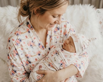 Name embroidered floral labor and delivery gown maternity robe and baby swaddle or sleeper and hat