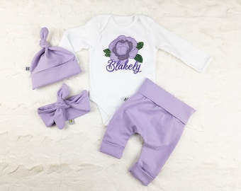 Lilac peonies custom baby girl outfit with bodysuit, pants and top knot hat or headband