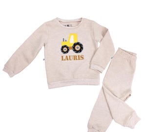 Birthday outfit jogger set Tractor applique embroidery with name and or number