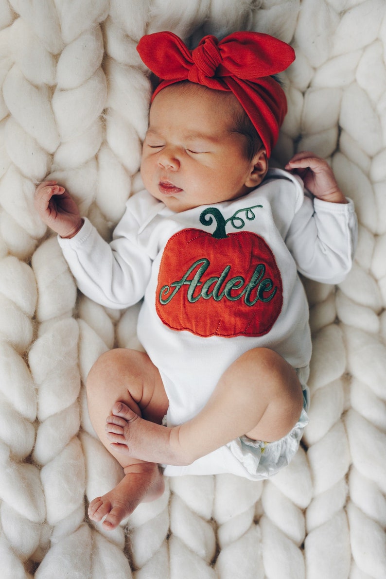 Pumpkin custom name embroidered baby girl or boy bodysuit in burnt orange color image 1