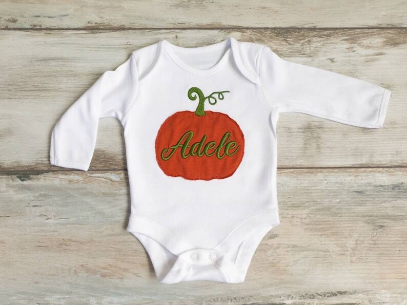 Pumpkin custom name embroidered baby girl or boy bodysuit in burnt orange color image 2