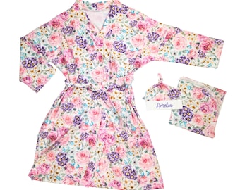 Custom floral mommy and me maternity robe and baby swaddle and headband or hat