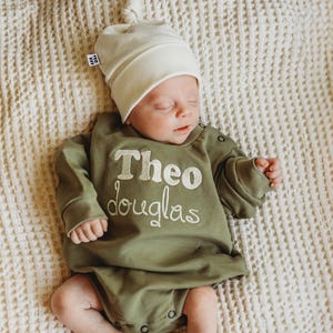 Baby boy name embroidered bubble romper and hat, baby sweatshirt romper