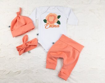 Peach peony custom baby girl outfit with bodysuit, pants and top knot hat or headband