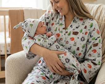 Woodland maternity robe and baby gown and hat
