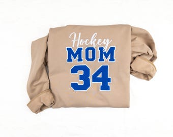 Custom Hockey mom with number embroidered crewneck sweatshirt Applique football soccer basketball baseball