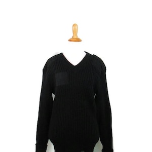 Vintage Black Ribbed Wool Sweater with Patches Made in England &quot;Woolly Pully&quot; Pullover