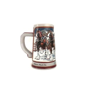 1989 Budweiser Clydesdale Horses Collectible Beer Stein Anheuser-Busch Collector Series Winter Scene Large Mug