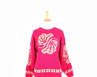 Hot Pink Metallic Floral 80's Sweater Vintage Pink & Gold Abstract Acrylic Blend Pullover Shiny Hipster Sweater Vintage 80's Jumper