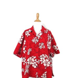 Vintage Hawaii Hemd XL: Bedruckte Baumwolle mit Hibiskus Blumenprint in Rot & Weiss