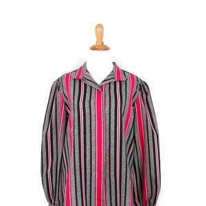 Vintage Lady Manhattan Blouse 1980&#39;s Black Pink and White Striped Women&#39;s Size 16 Button Down Top 80s Long Sleeve Polyester Secretary Blouse