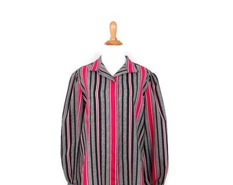 Vintage Lady Manhattan Blouse 1980's Black Pink and White Striped Women's Size 16 Button Down Top 80s Long Sleeve Polyester Secretary Blouse