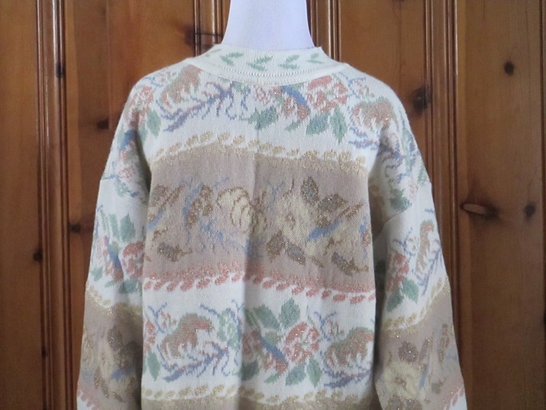 Vintage 80/'s Metallic Floral Sweater Pastel Striped Shiny Flower Pullover Soft Oversize 1980/'s Sweater Hipster 80/'s Sweater