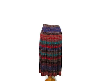 Vintage Pleated Jewel Tone Rayon Skirt Women's Size 8 Abstract Striped Pattern